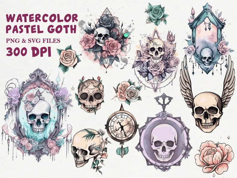 May include: Watercolour illustrations of skulls and roses in pastel colours. The skulls are surrounded by flowers and vines, and some have wings. The illustrations are in a gothic style.