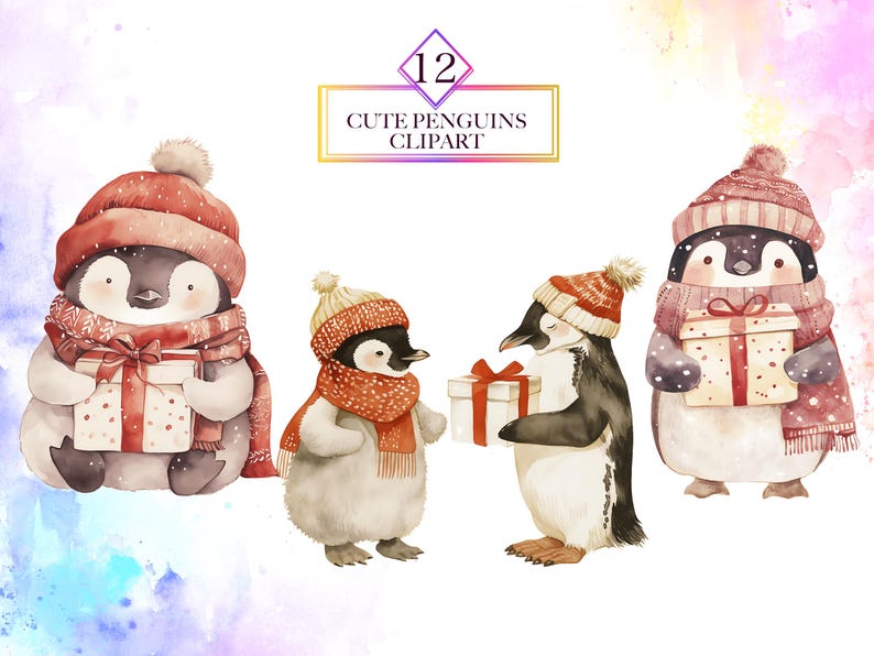 Watercolor Cute Penguins Clipart Bundle Winter Christmas Penguins in ...