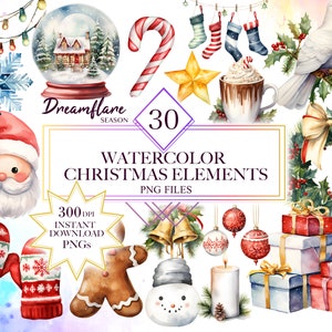 Watercolor Christmas Elements Clipart Bundle, Christmas PNG, Watercolor Christmas Clipart, Festive Clipart, Christmas Ornaments PNG