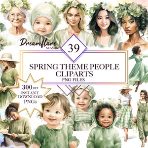 Könnte beinhalten: Ein digitaler Illustrations-Satz mit 39 Cliparts von Personen zum Thema Frühling. Die Bilder zeigen Personen unterschiedlichen Alters und verschiedener Ethnien, die grüne Kleidung und Blumenkränze tragen. Der Text "Dreamflare Season 39 Spring Theme People Cliparts PNG Files 300 DPI Instant Download PNGs" ist auf dem Bild zu sehen.