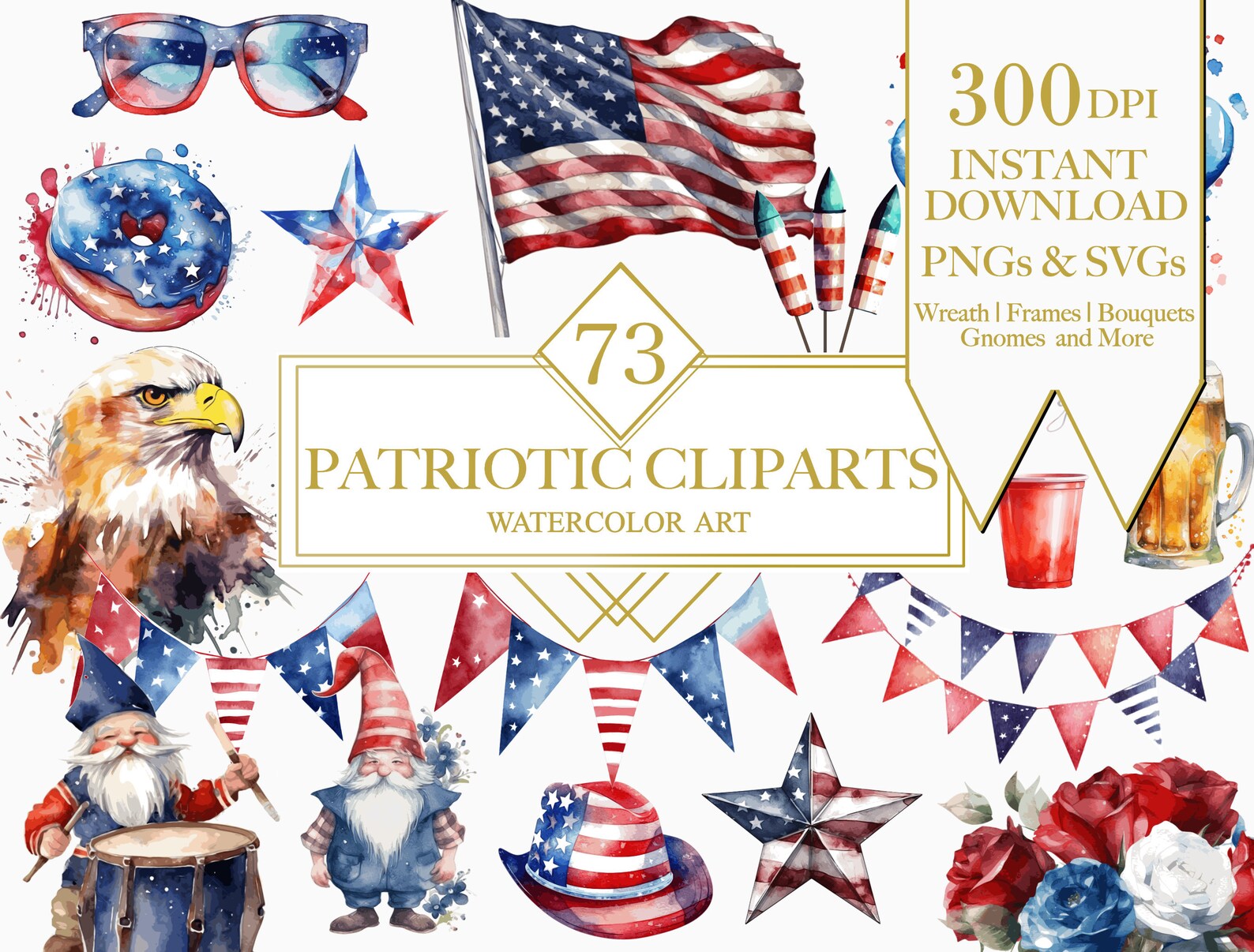 Watercolor Patriotic Clipart Bundle, 4th of July Clipart, PNG SVG ...