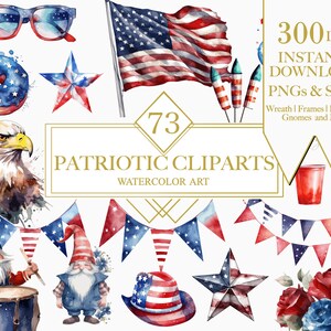 Könnte beinhalten: Ein Set mit 73 Aquarell-Clipart-Bildern mit patriotischen Motiven. Die Bilder beinhalten eine rot-weiß-blaue amerikanische Flagge, einen Weißkopfseeadler, einen Donut, einen Zwerg, einen Stern, einen Hut, Feuerwerk und mehr.