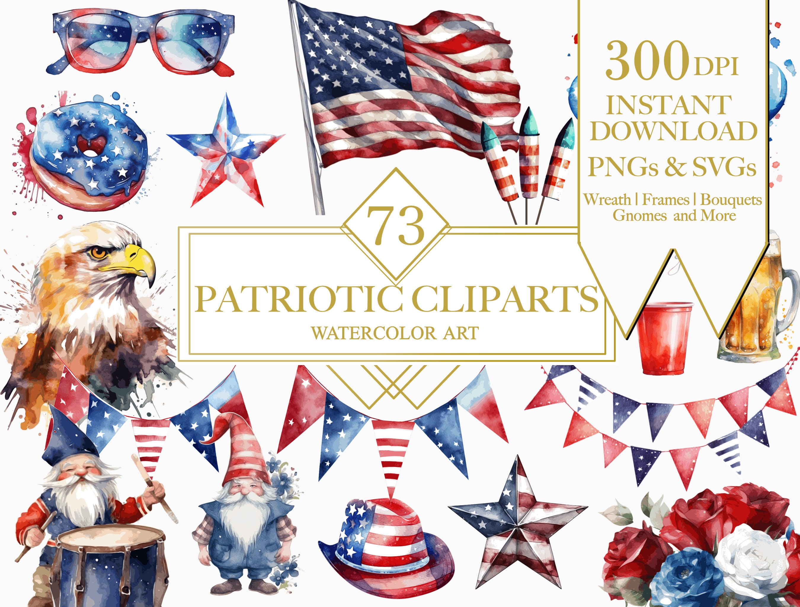 Watercolor Patriotic Clipart Bundle, 4th of July Clipart, PNG SVG ...