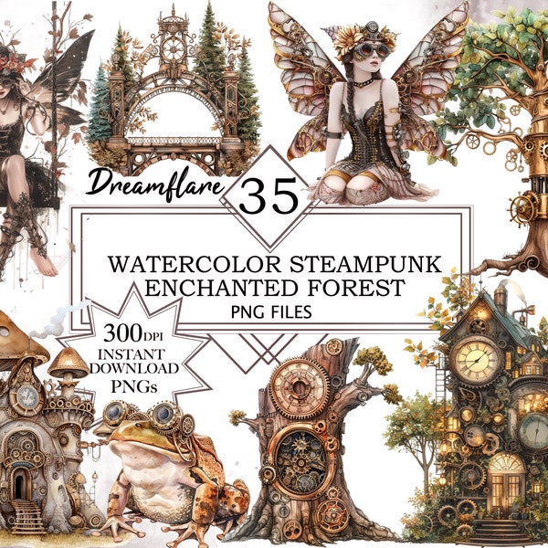 Steampunk Enchanted Forest Clipart PNG Bundle, Steampunk PNG, Fairy PNG, Scrapbooking, Junk Journal, Digital Download File, Commercial Use