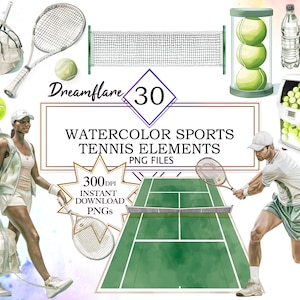 Aquarel sport tennis elementen clipart PNG bundel, PNG tennis sport clipart, tennis clipart, tennis PNG, digitale download, commercieel gebruik
