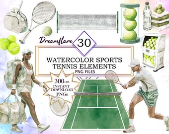 Watercolor Sports Tennis Elements Clipart PNG Bundle, PNG Tennis Sport Clipart, Tennis Clipart, Tennis PNG, Digital Download, Commercial Use