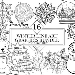 Winter Line Art Graphics PNG & SVG Bundle, Timbre numérique d’hiver, Noël SVG, Fabrication de cartes, Timbre Digi imprimable, Utilisation commerciale