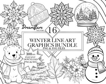 Winter Line Art Graphics PNG & SVG Bundle, Winter Digital Stamp, Christmas SVG, Card Making, Printable Digi Stamp, Commercial Use