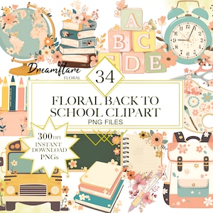 Floral Groovy School PNG Clipart Bundle, Floral School Supplies, Back To School Clipart, Floral Graphics, Digital Download, Commercial Use