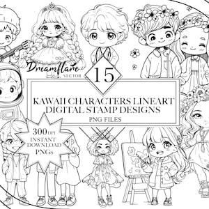 Kawaii Characters Lineart PNG Bundle, Cute Chibi Clipart Bundle, Digital Stamp, Lineart Clipart, Digital Printable File, Commercial Use