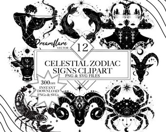 Zodiac Signs PNG & SVG Clipart Bundle, Horoscope Clipart, Gothic Clipart, Celestial Clipart, Zodiac Signs PNG, Digital File, Commercial Use
