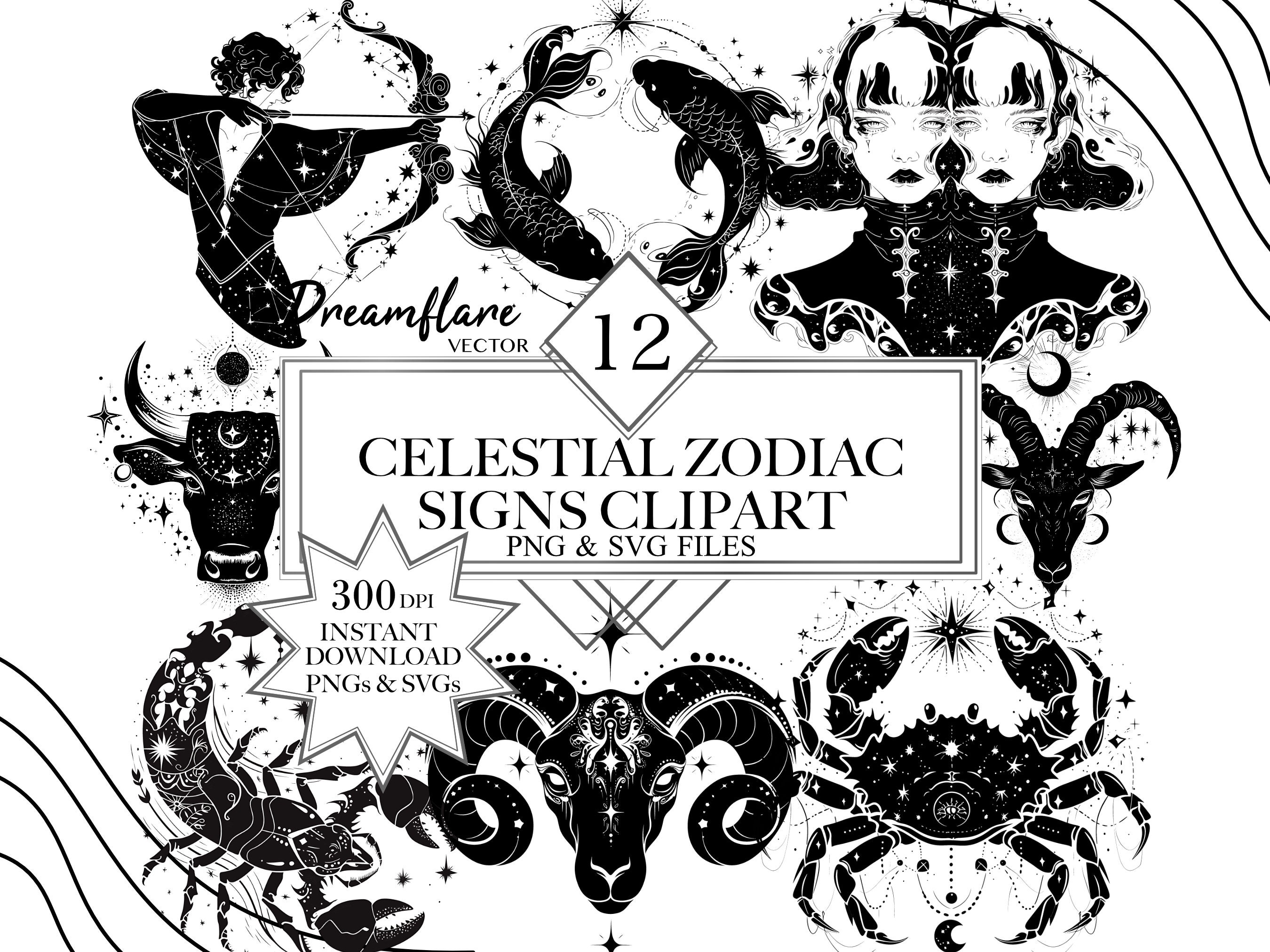 Zodiac Signs PNG & SVG Clipart Bundle, Horoscope Clipart, Gothic Clipart, Celestial Clipart, Zodiac Signs PNG, Digital File, Commercial Use