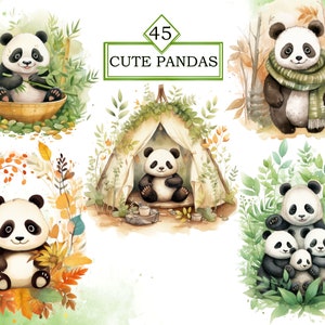 May include: A set of five watercolor illustrations featuring cute pandas in various settings. One panda is eating bamboo, another is in a tent, one is wearing a scarf, and two are in a family group.