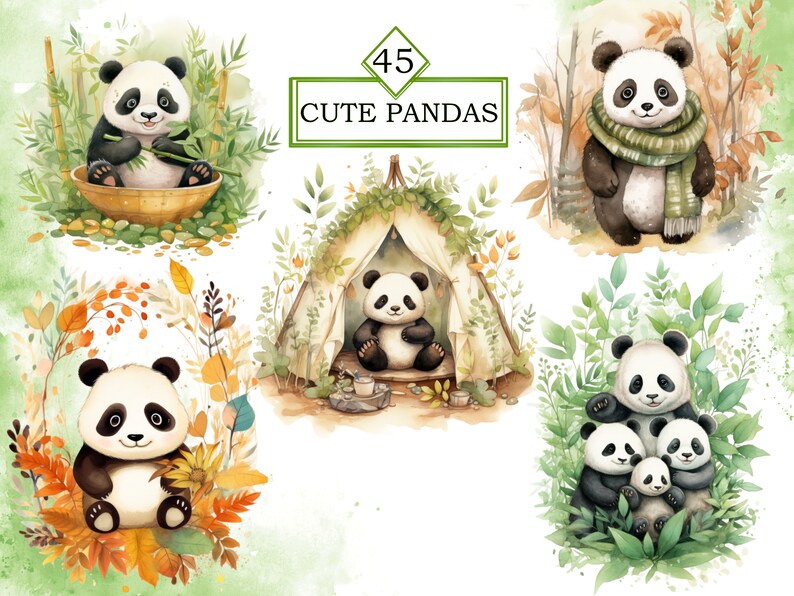 May include: A set of five watercolor illustrations featuring cute pandas in various settings. One panda is eating bamboo, another is in a tent, one is wearing a scarf, and two are in a family group.