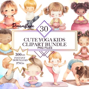 Paquete de imágenes prediseñadas de yoga para niños lindos de acuarela, imágenes prediseñadas de meditación, PNG de cuidado personal, PNG para niños, archivo de descarga digital de fitness, uso comercial