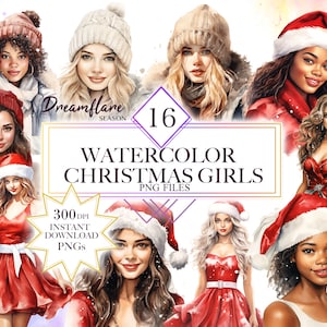 Watercolor Christmas Girls Clipart Bundle, Santa Girls PNG, Watercolor Girls Clipart, Girls Christmas PNG, Christmas Art Print, Winter PNG