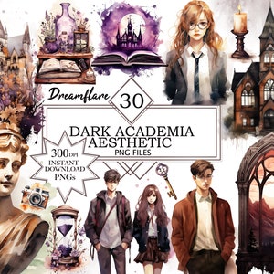 Pode incluir: Um conjunto de 30 arquivos PNG digitais de est&eacute;tica dark academia. O conjunto inclui imagens de um edif&iacute;cio g&oacute;tico, um rel&oacute;gio, uma vela, um livro, uma chave, um rel&oacute;gio de areia, uma janela, um busto e duas pessoas. As imagens est&atilde;o em um estilo aquarela com acentos roxos, marrons e dourados.