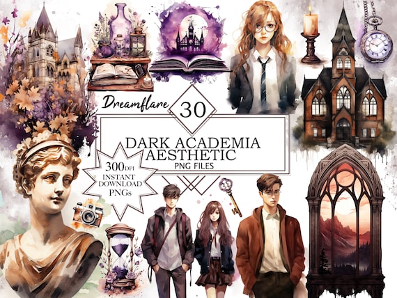 Dark Academia Clipart Bundle, Watercolor Dark Academia Aesthetic Clipart, Mystery PNG, Fantasy PNG, Digital Printable File, Commercial Use