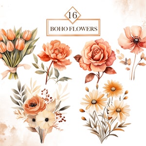 May include: A set of 16 watercolour illustrations of boho flowers in shades of orange, peach, and cream. The flowers include roses, peonies, daisies, and tulips.