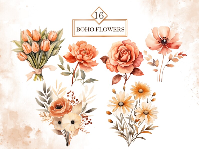 May include: A set of 16 watercolour illustrations of boho flowers in shades of orange, peach, and cream. The flowers include roses, peonies, daisies, and tulips.