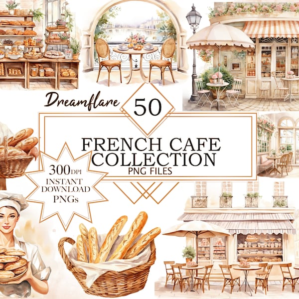 French Cafe Watercolor Clipart, Cafe Interior Clipart, Cafe Exterior Clipart, Pastries Clipart, Cafe Bundle Clipart, Commercial Use