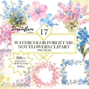 Aquarelle Forget Me Not Flowers Clipart Bundle, Spring Flowers Clipart, Forget Me Not PNG, Couronne florale, Téléchargement numérique, Utilisation commerciale