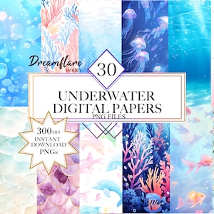 Pacchetto PNG di documenti digitali subacquei dell'acquerello, sfondo sottomarino, Scrapbooking, carta da parati subacquea, download istantaneo, uso commerciale