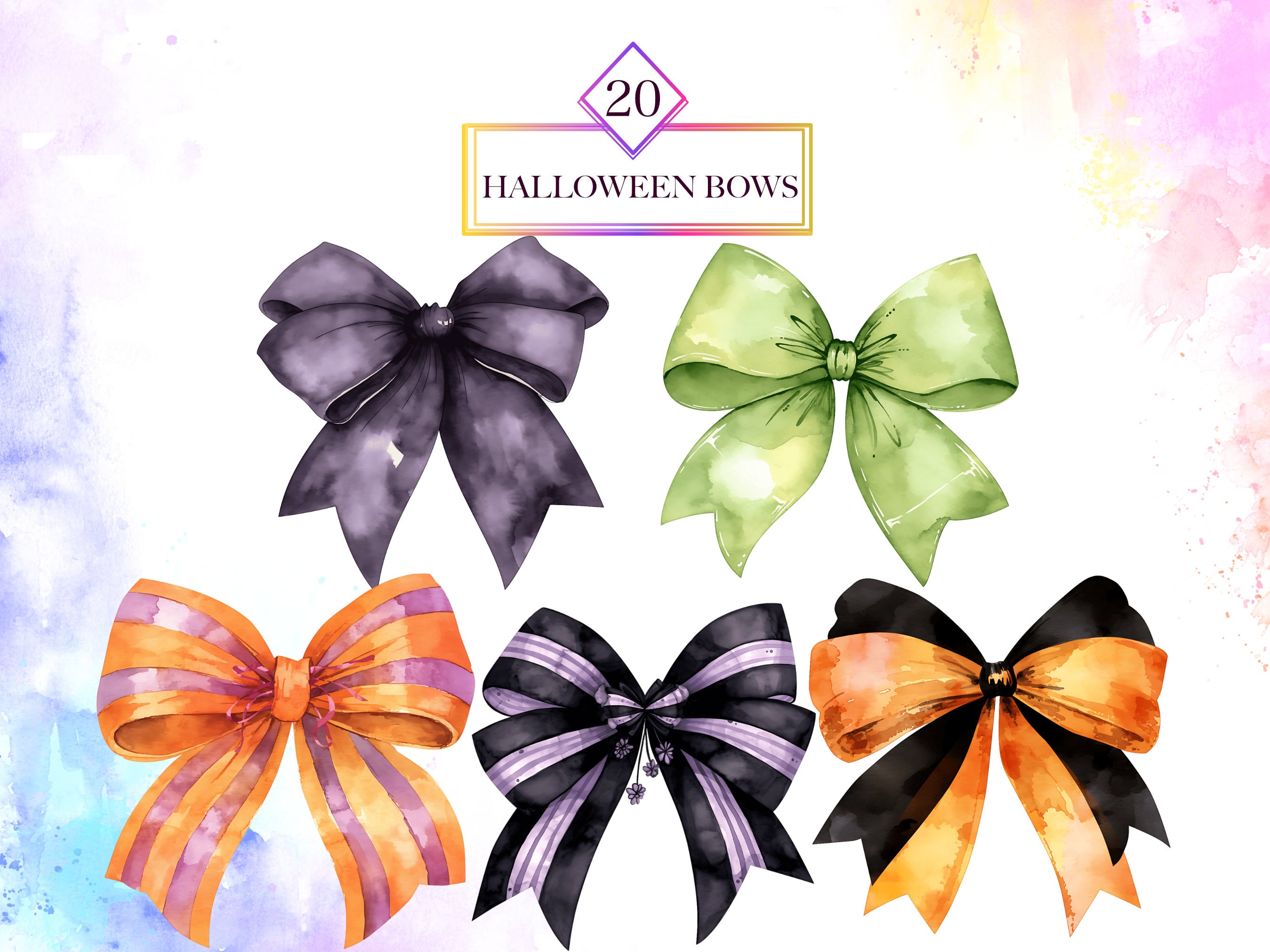 Watercolor Halloween Bows Clipart Bundle, Halloween Bow PNG, Watercolor ...