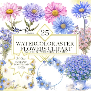 Watercolor Aster Flowers Clipart Bundle, Fall Flowers PNG, Wildflowers Clipart, Floral Wreath, Digital Download, Commercial use