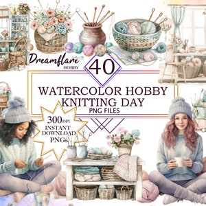 Könnte beinhalten: Aquarell-Illustration von 40 digitalen Clipart-Bildern zum Thema Stricken. Die Bilder beinhalten Wollknäuel, Stricknadeln, Körbe, Blumen und zwei Frauen, die stricken. Der Text "Watercolor Hobby Knitting Day" ist im Bild enthalten.