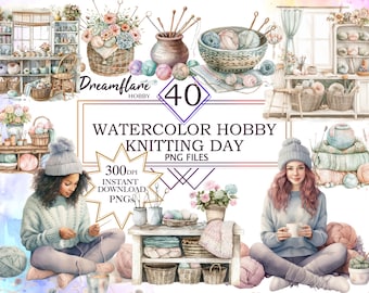 41 Knitting Basket Clipart Bundle, Yarn and Wool PNG, Knitting and Crochet Clipart, Hobby, Instant digital download PNG, Commercial Use