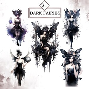 May include: Five digital illustrations of dark fairies with black wings and dresses. The fairies are depicted in various poses, including sitting on a swing, holding a bottle, and standing with flowers in their hair. The illustrations are in a watercolor style with a dark and moody aesthetic.