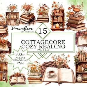 Pacote de clipart de leitura aconchegante em aquarela Cottagecore, arquivos PNG de livros, arquivo digital estético Cottagecore de estilo rústico, uso comercial PNG