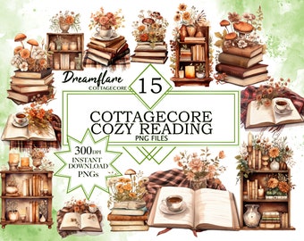 Pacchetto clipart Acquerello Cozy Reading Cottagecore, file PNG di libri, file digitale estetico Cottagecore in stile rustico, PNG per uso commerciale