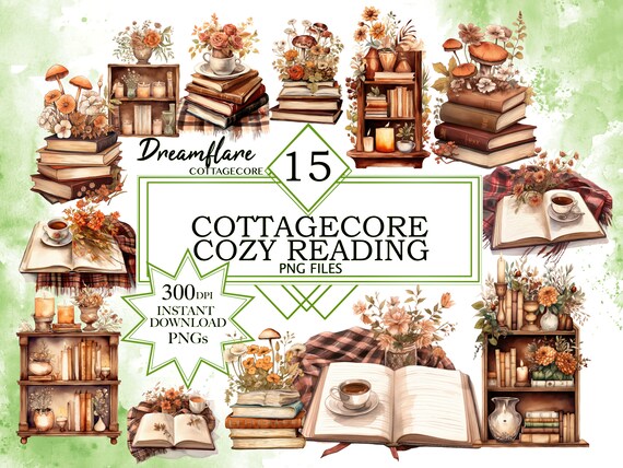 Watercolor Cozy Reading Cottagecore clipart bundle, Books PNG files, Rustic Style Cottagecore Aesthetic Digital file, Commercial Use PNG