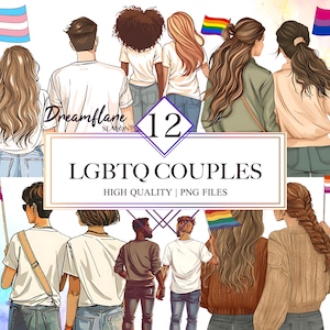 Könnte beinhalten: Zwölf Illustrationen von LGBTQ-Paaren, die Pride-Flaggen halten. Die Flaggen umfassen die Transgender-Flagge, die Lesbenflagge, die Bisexuelle-Flagge, die Pansexuelle-Flagge und die Regenbogen-Pride-Flagge. Die Illustrationen sind im Cartoon-Stil gehalten und vor einem weißen Hintergrund platziert.