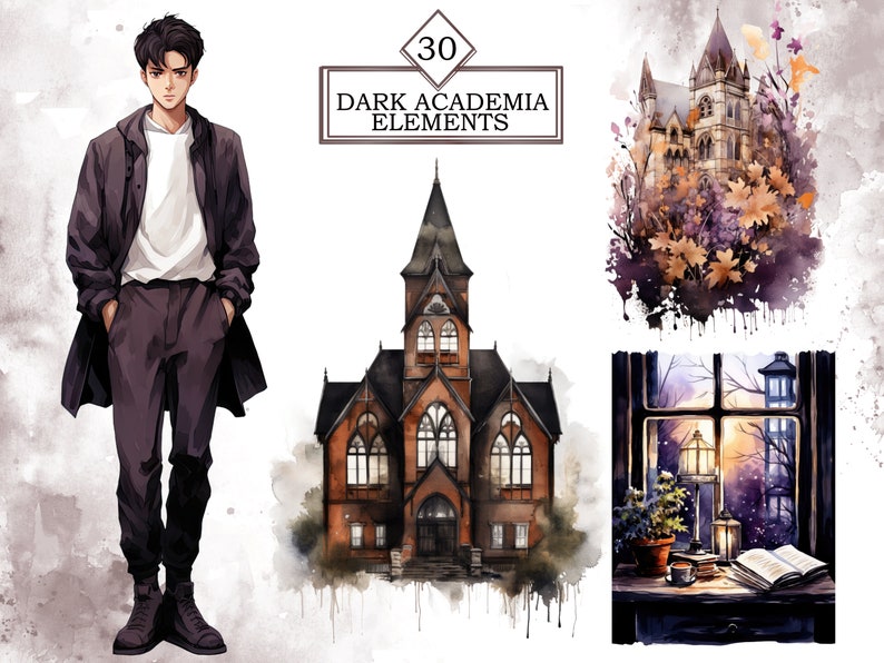 Pode incluir: Uma ilustra&ccedil;&atilde;o digital com uma est&eacute;tica dark academia. A imagem apresenta um jovem com uma jaqueta preta e cal&ccedil;as cinzas, um edif&iacute;cio de estilo g&oacute;tico, uma vista de uma cidade ao anoitecer atrav&eacute;s de uma janela e uma &aacute;rvore frondosa com folhas roxas e laranja.