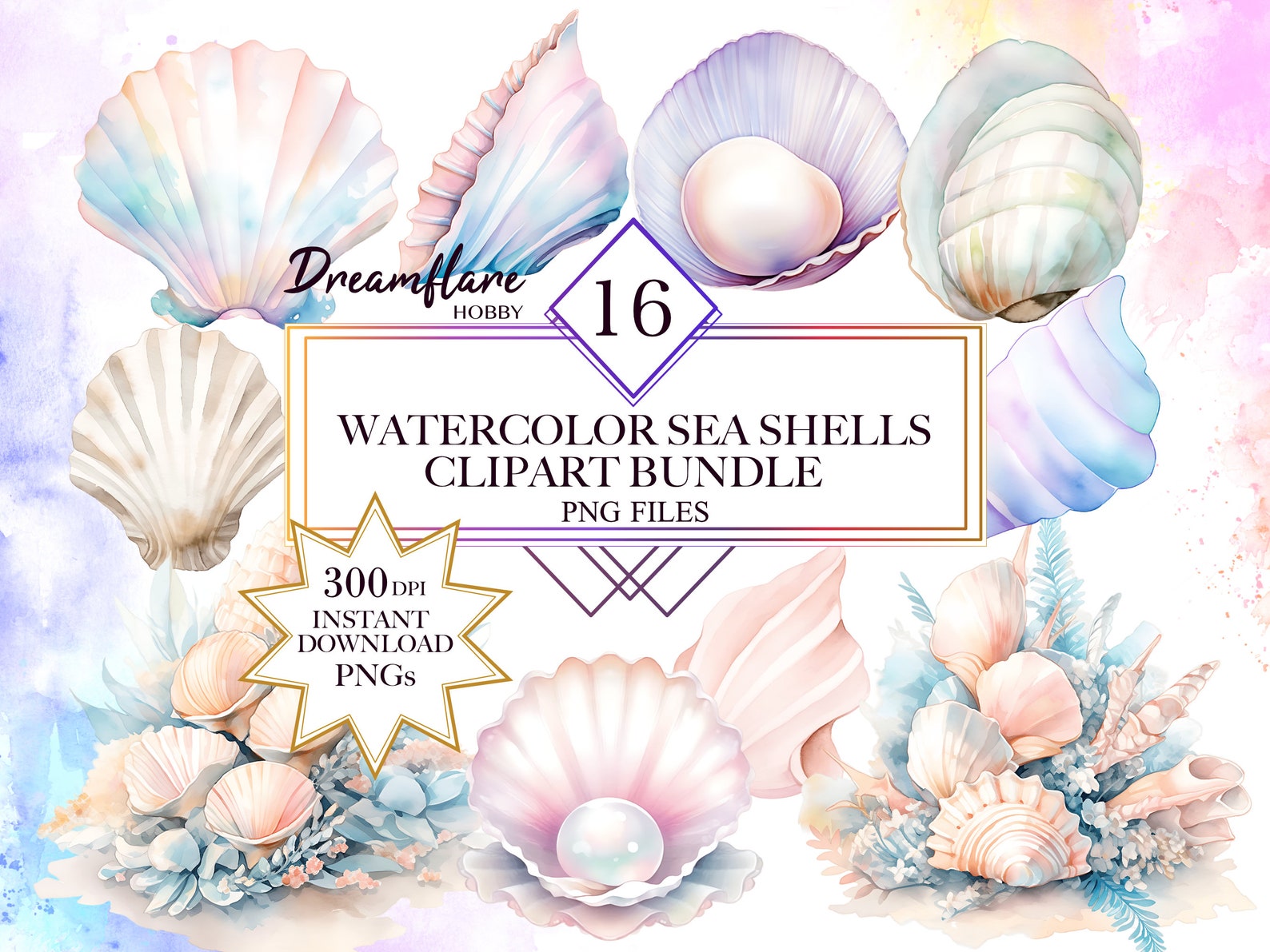Watercolor Sea Shells Clipart Bundle, Seashells Clipart, Clam PNG ...