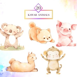 Aquarel schattige dieren yoga clipart bundel, meditatie illustraties, zelfzorg PNG, kawaii dieren PNG, digitaal downloadbestand, commercieel gebruik afbeelding 2