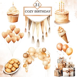 Pu&ograve; includere: Un'illustrazione ad acquerello di una festa di compleanno accogliente con una torta, cupcake, gelato, palloncini e regali. Lo striscione dice "31 Cozy Birthday".