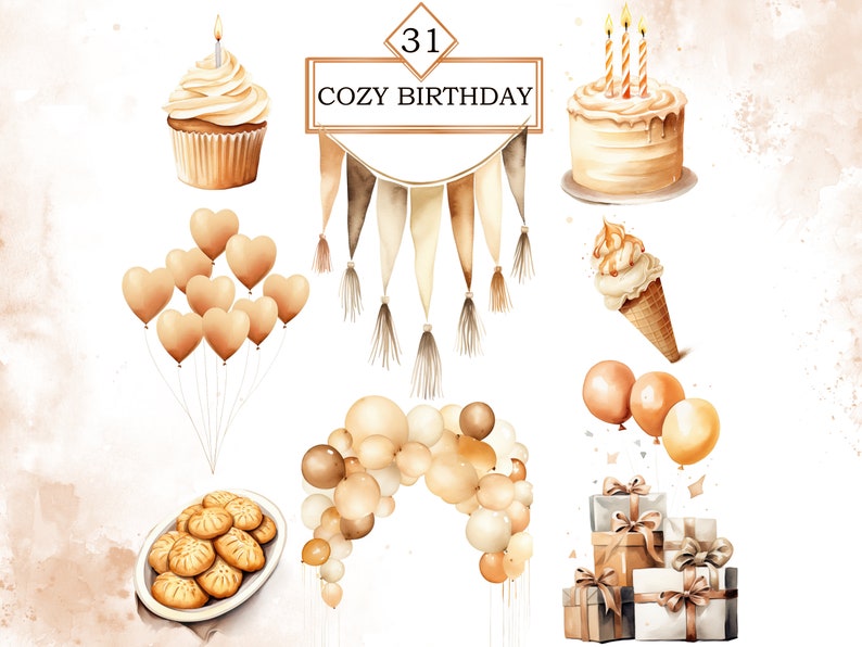 Pu&ograve; includere: Un'illustrazione ad acquerello di una festa di compleanno accogliente con una torta, cupcake, gelato, palloncini e regali. Lo striscione dice "31 Cozy Birthday".