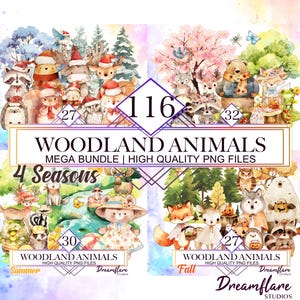 Watercolor Woodland Animals PNG Mega Bundle, Cute Woodland Animals PNG, 4 Seasons, Woodland Nursery Decor, Digital Download, Commercial Use