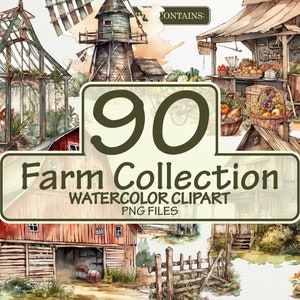 Könnte beinhalten: Eine Sammlung von 90 Aquarell-Clipart-Illustrationen zum Thema Bauernhof. Das Set enthält eine rote Scheune, eine Windmühle, ein Gewächshaus, einen Bauernhofstand, einen Zaun und Stiefel.