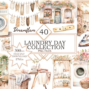 May include: A watercolor illustration of a laundry room with a washing machine, dryer, ironing board, laundry basket, and clothes hanging on a line. The illustration is in a vintage style with soft colors and a whimsical feel. The text "Dreamflare 40 Laundry Day Collection 300 DPI Instant Download PNG Files" is included in the image.