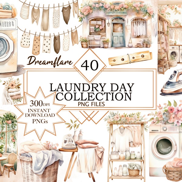 Boho Laundry Clipart Bundle, Aquarelle Laundry Clipart, Scrapbooking, Cozy Boho PNG, Fabrication de cartes, Fichier imprimable numérique, Utilisation commerciale