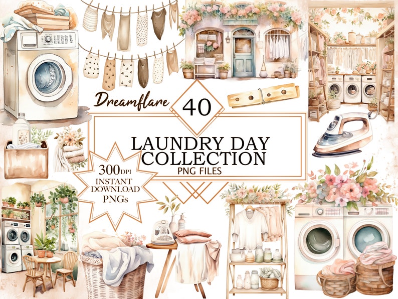 May include: A watercolor illustration of a laundry room with a washing machine, dryer, ironing board, laundry basket, and clothes hanging on a line. The illustration is in a vintage style with soft colors and a whimsical feel. The text "Dreamflare 40 Laundry Day Collection 300 DPI Instant Download PNG Files" is included in the image.