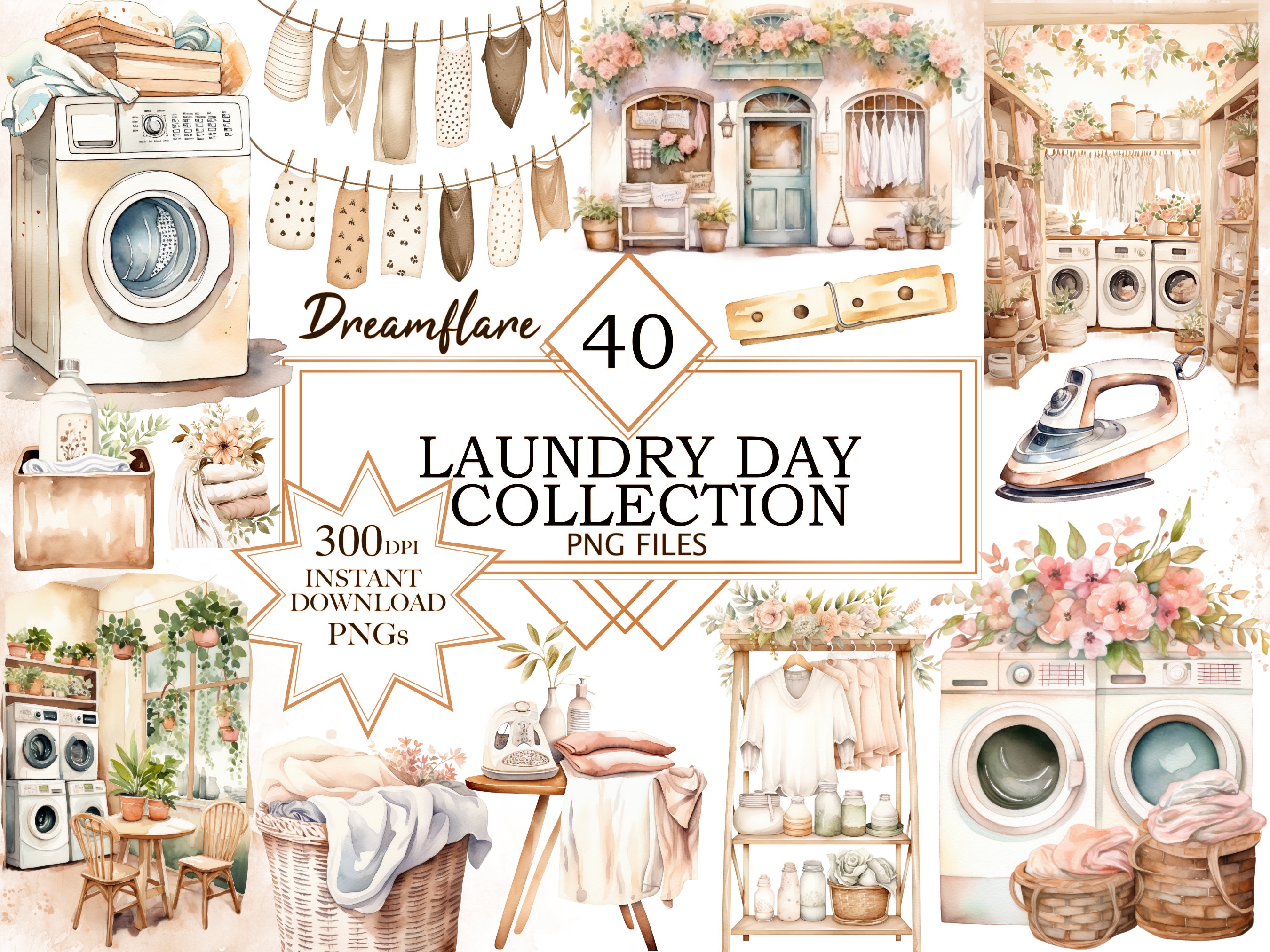 Boho pralnia clipartów, akwarela pralnia clipart, Scrapbooking, przytulne Boho PNG, tworzenie kart, cyfrowy plik do druku, wykorzystanie komercyjne
