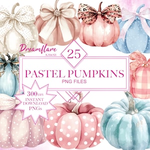 Watercolor Pastel Autumn Pumpkins Clipart Bundle, Coquette Pumpkin PNG, Plaid Pumpkin, Autumn PNG, Digital Download, Commercial Use
