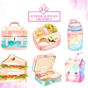 Pode incluir: Um conjunto de 42 ilustra&ccedil;&otilde;es de aquarela de materiais escolares, incluindo uma lancheira, um sandu&iacute;che, uma caixa de suco, uma garrafa de &aacute;gua e uma caixa bento. As ilustra&ccedil;&otilde;es est&atilde;o em uma paleta de cores pastel e apresentam detalhes de desenhos animados fofos.