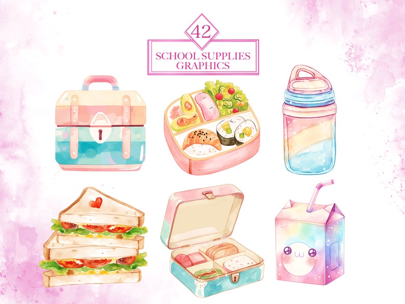 Pode incluir: Um conjunto de 42 ilustra&ccedil;&otilde;es de aquarela de materiais escolares, incluindo uma lancheira, um sandu&iacute;che, uma caixa de suco, uma garrafa de &aacute;gua e uma caixa bento. As ilustra&ccedil;&otilde;es est&atilde;o em uma paleta de cores pastel e apresentam detalhes de desenhos animados fofos.